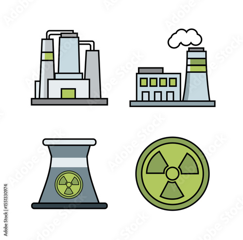 A vector set featuring four icons: two industrial factories with smokestacks and two nuclear-related symbols, including a cooling tower and a radiation sign.