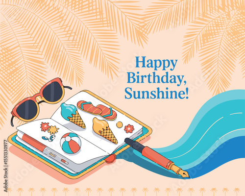 Happy birthday sunshine themed image with notebook, sunglasses, and summer icons on a light background