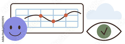 happy face, graph with data points, cloud, and eye with checkmark symbolizing analytics, satisfaction, progress. Ideal for technology, data analysis, feedback optimization monitoring goal setting