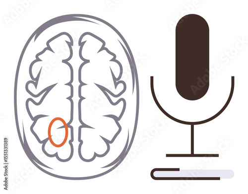 Diagram of a brain with the Brocas area highlighted next to a microphone icon, symbolizing language, speech, and communication. Ideal for neuroscience, education, AI, communication, technology