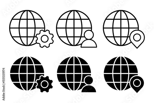 Web browser icon vector set. Globe settings symbol