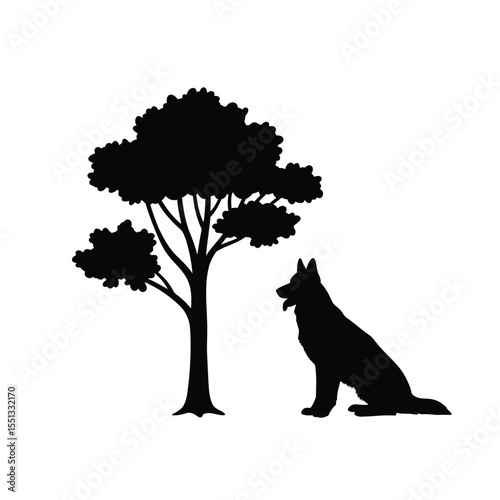 Black Silhouette German Shepherd Dog Tree Vector Graphic