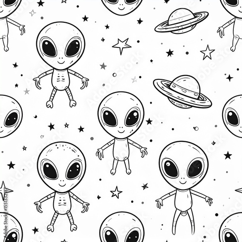 Seamless Doodle Art of Funny Big-Eyed Aliens Floating in Space with Stars