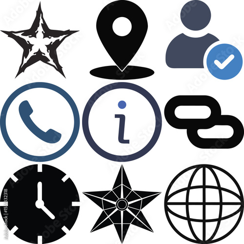 Collection of Nine Black and Blue Icons Including Star Location User Checkmark Phone Info Link Clock Star Globe Symbols