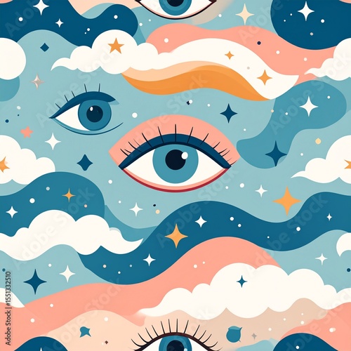 Perfect Seamless Pattern of Abstract Surreal Shapes with Retro Color Palette and Cute Waves