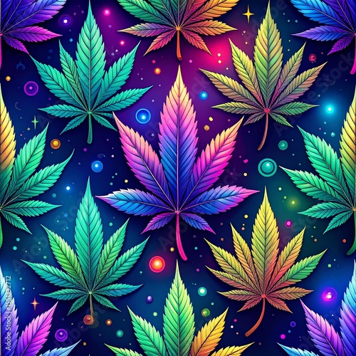 Seamless Pattern of Surreal Cannabis Leaves with Eyes, Melting Edges, and Glowing Effects