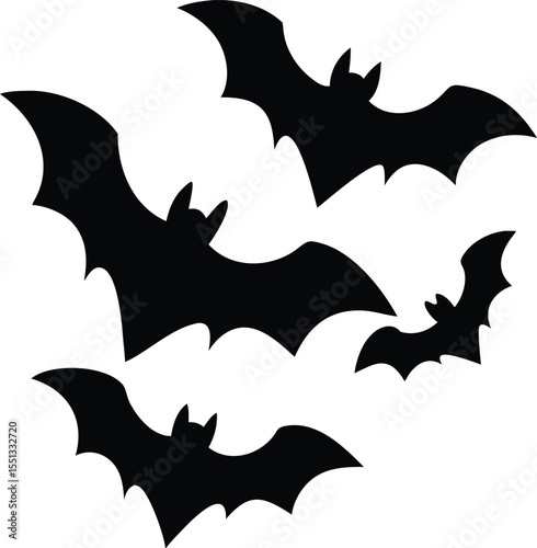 Four Black Bats Silhouettes Flying Against White Background Halloween Spooky Night Creatures Dark Winged Animals Gothic Style Illustration Vector