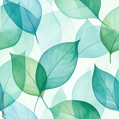 Seamless Watercolor Pattern of Translucent Green Leaves Floating in Misty Layers