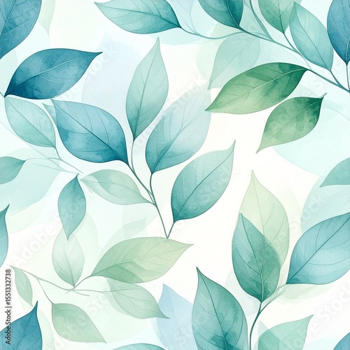 Seamless Watercolor Pattern of Translucent Green Leaves Floating in Misty Layers
