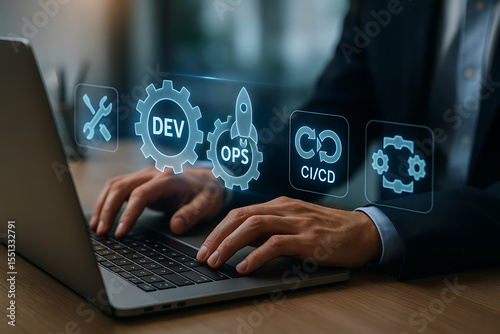 Person Working on Laptop with Floating DevOps Icons – CI/CD, Deployment, and Development Tools Visualization,DevOps, CI/CD, software deployment, continuous integration, development operations, 

