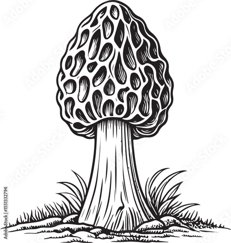 Mushroom morel Vector Illustration, Sketch Drawing Line Linear Symbol Icon Engraving Coloring Book, Hand-drawn Black and White Isolated