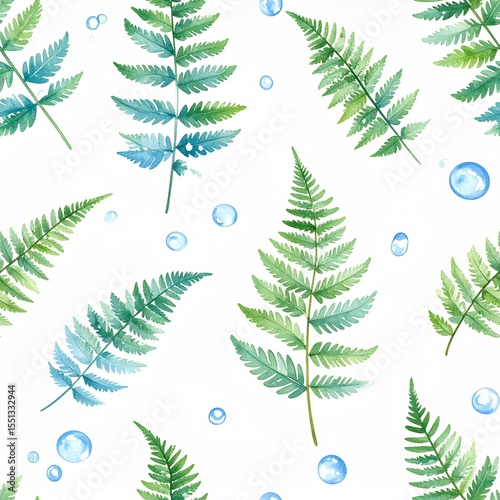 Seamless Watercolor Pattern of Floating Fern Fragments with Clear Dew Droplets