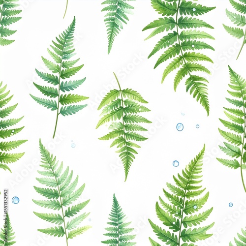Seamless Watercolor Pattern of Floating Fern Fragments with Clear Dew Droplets