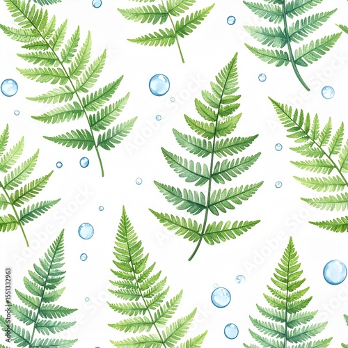 Seamless Watercolor Pattern of Floating Fern Fragments with Clear Dew Droplets