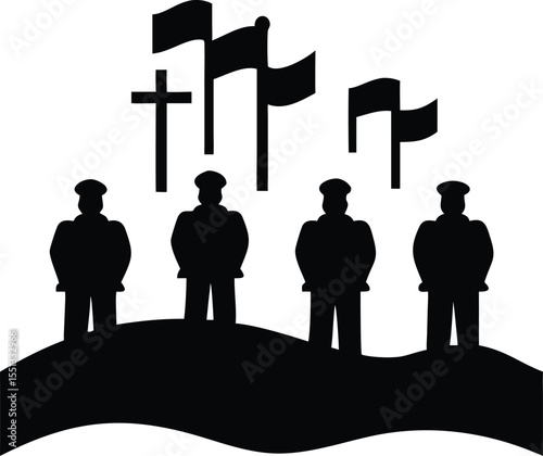 Four Silhouetted Figures Stand on a Hill Before Three Flags and a Cross a Black and White Remembrance Image