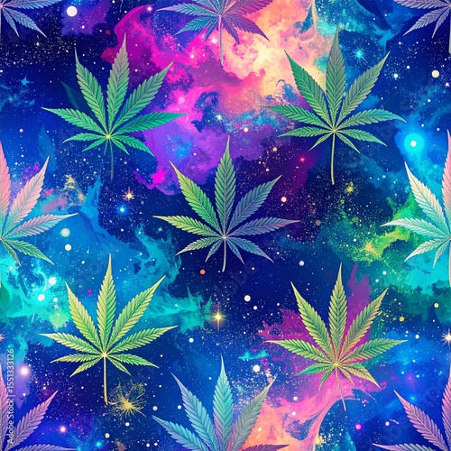 Seamless Pattern of Marijuana Buds with Fractal Designs and Cosmic Background
