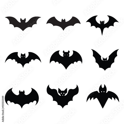 Collection of nine black bat silhouettes on a white background for halloween