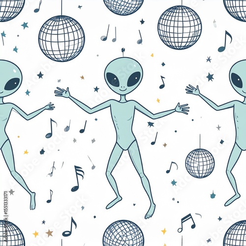 Seamless Doodle Pattern of Dancing Aliens under Disco Balls with Space Music Notes
