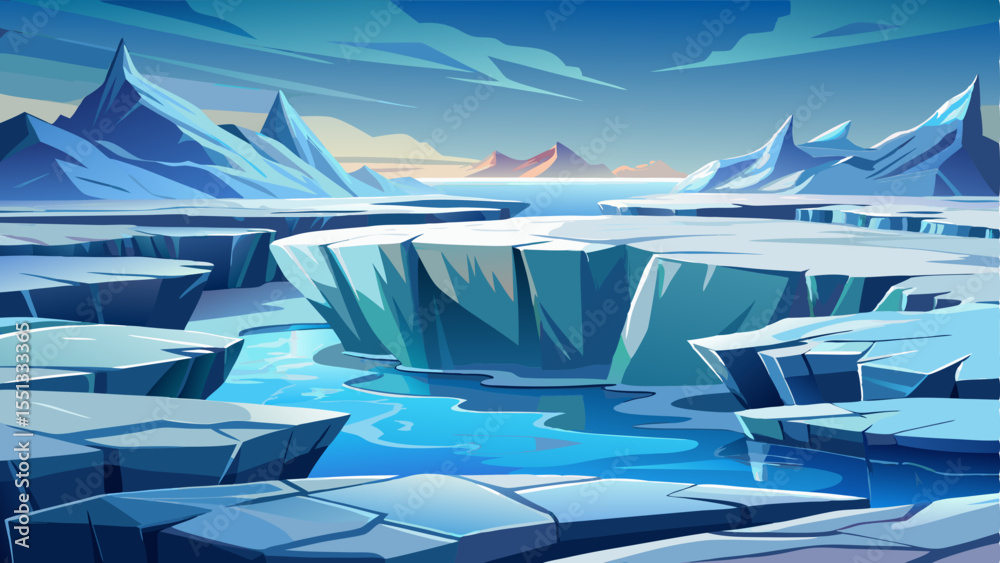 Close-up view of melting ice with visible cracks forming on the surface, set against a cold Arctic winter background. The fragile ice textures and cool