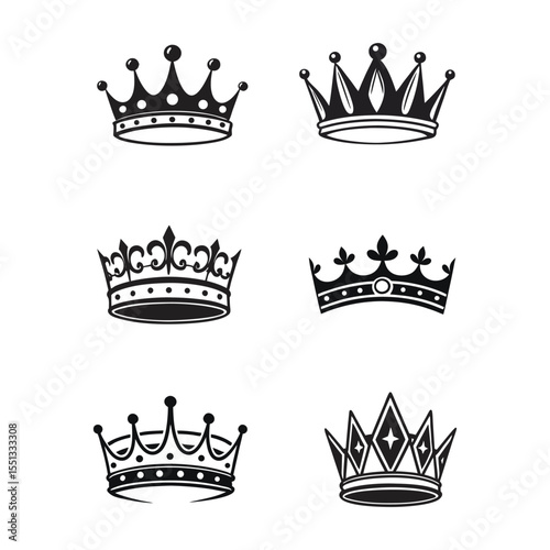 Collection of six black and white crown icons in a grid layout