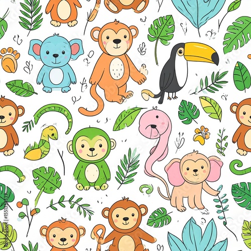 Seamless Doodle Pattern of Cute Jungle Animals – Monkeys, Toucans, Snakes, and Leaves