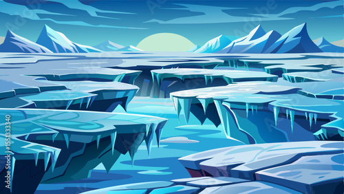 Close-up view of melting ice with visible cracks forming on the surface, set against a cold Arctic winter background. The fragile ice textures and cool