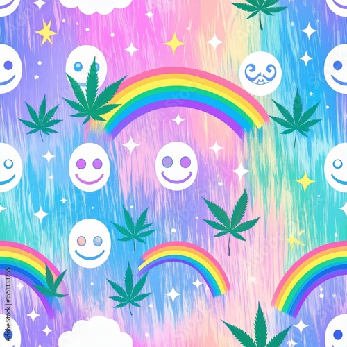 Seamless Loop of Glitch-Art Cannabis Leaves, Shroom Clouds, Rainbow Trails, and Abstract Shapes