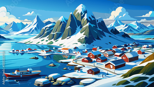 A breathtaking aerial view of the Lofoten Islands covered in snow during winter, showcasing rugged mountains, icy fjords, and scattered small fishing villages.