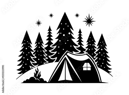 Camping tent forest stars fire night adventure vector illustration