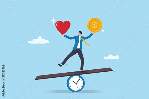 Career decision choose between passion or money, compensation salary or happiness alternative, occupation or achievement option, businessman balance between money coin and heart shape passion.