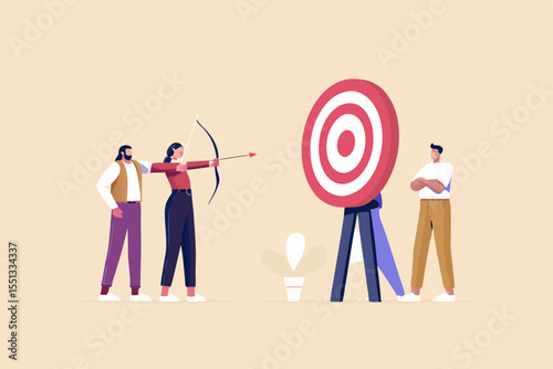 Teamwork and collaboration to achieve goals woman shooting arrow at target with team support illustration
