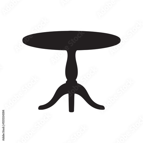Silhouette of a round pedestal table with three curved legs on a white background
