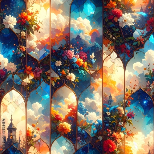 Seamless Tileable Pattern of Emotional Beauty with Fragmented Mirrors and Liquid Skies