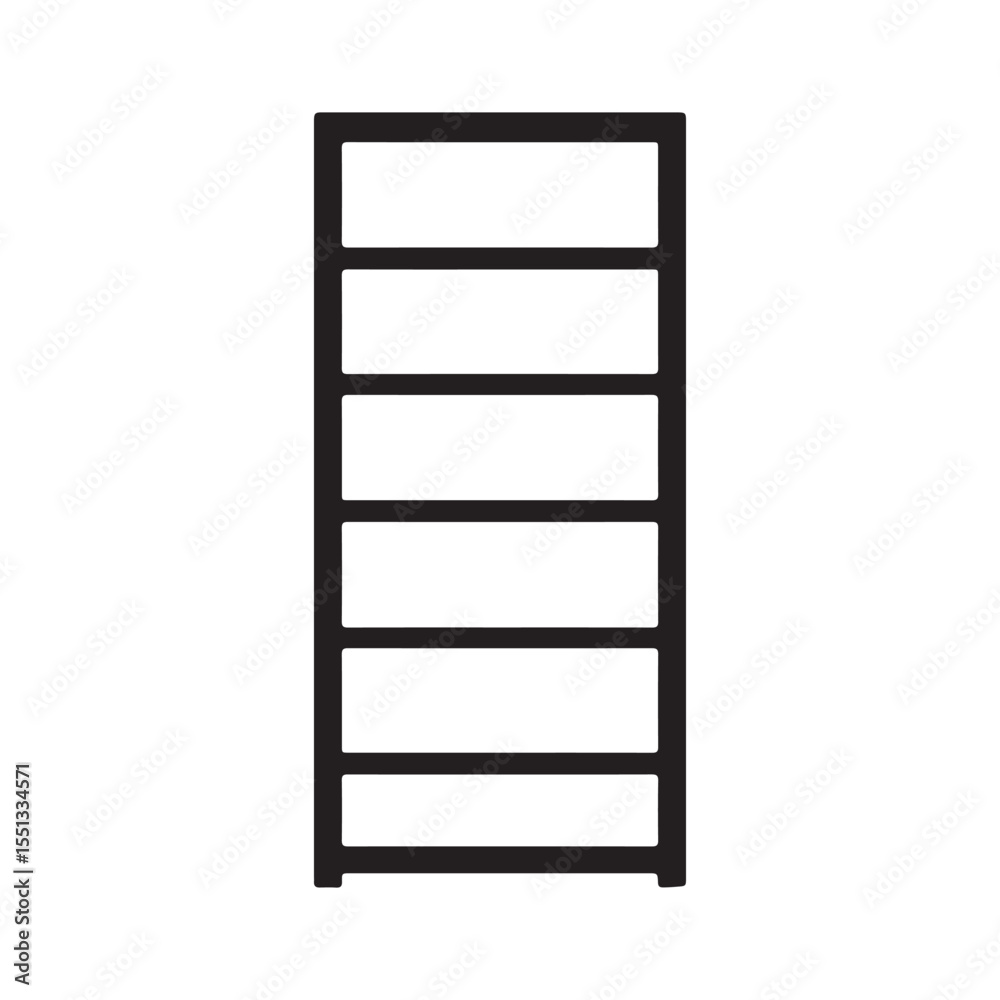 Simple black outline of a tall narrow shelving unit with six horizontal shelves Simple black outline of a tall narrow shelving unit with six horizontal shelves