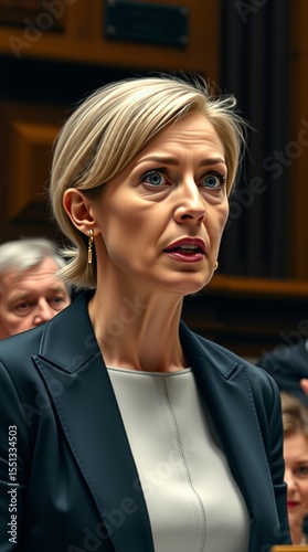Influential Female Politician Addressing a Formal Assembly