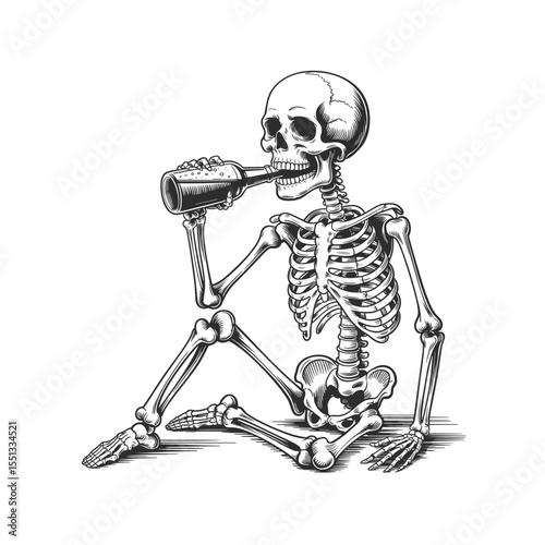 Skeleton drinking beer vintage engraving style vector illustration