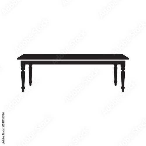 Elegant black silhouette of a long rectangular table with ornate carved legs