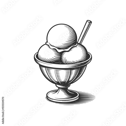Vintage ice cream sundae with spoon engraving style vector illustration