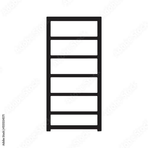 Simple black outline of a tall narrow shelving unit with six horizontal shelves