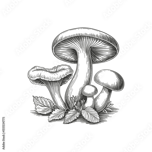 Vintage mushroom sketch with leaves engraved forest fungi vector illustration