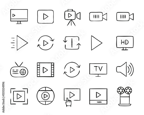Cinema and movie icon set. with icon film roll, film strip, camera, clapperboard, reel, ticket. Movie and cinema icons. Movie Making and Video Editing, video production icon solid icon collection.