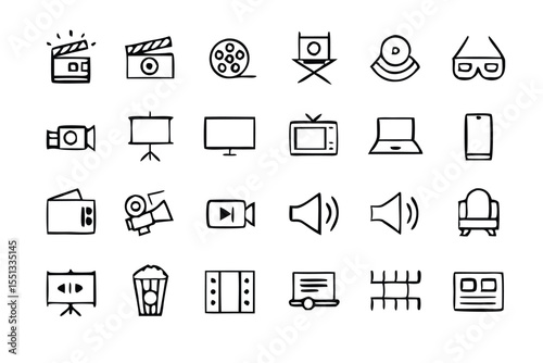 Cinema and movie icon set. with icon film roll, film strip, camera, clapperboard, reel, ticket. Movie and cinema icons. Movie Making and Video Editing, video production icon solid icon collection.