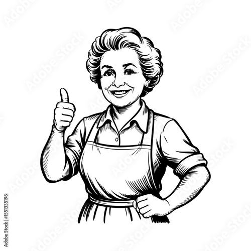 Cheerful elderly woman smiling with thumbs up wearing apron in engraved illustration style - vector illustration