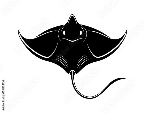 Minimal black silhouette of manta ray or stingray with flowing tl in vector art style - vector illustration