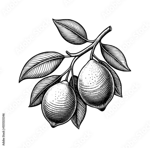 Hand drawn lemon branch with leaves citrus fruit engraving style vector illustration
