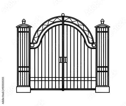 Ornamental Metal Gate Fence Entry Architecture Line Art Vector Illustration