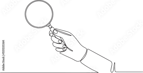 Continuous single line drawing of a hand holding a magnifying glass with chain, minimalist black and white sketch illustration

