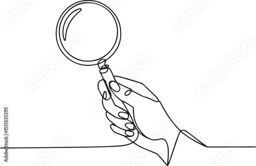 Continuous single line drawing of a hand holding a magnifying glass with chain, minimalist black and white sketch illustration

