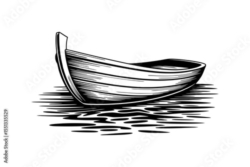 Vintage rowboat illustration on water black and white vector art