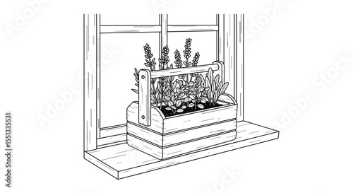Wooden window box with herbs in sketch style for home gardening concept